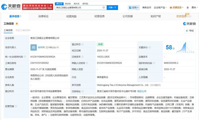 霸王茶姬跨界布局 黑龍江成立企業(yè)管理公司，拓展工藝美術(shù)品與禮儀用品銷售新賽道